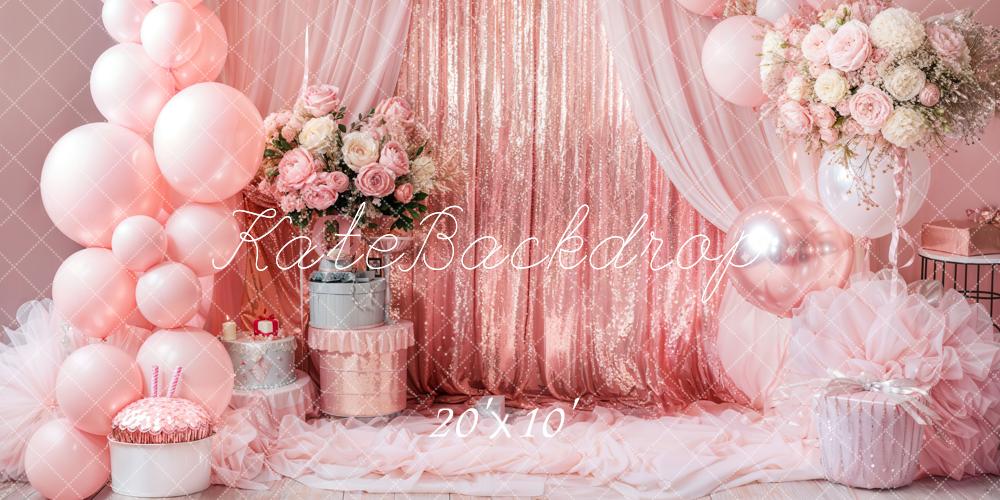 Kate Pink Balloons Pink Curtain Birthday Backdrop Designed by Emetselch - Kate Backdrop AU