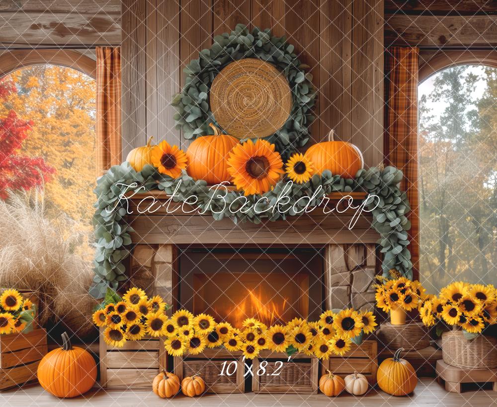 Kate Autumn Fireplace Sunflowers Pumpkins Backdrop Designed by Mini MakeBelieve - Kate Backdrop AU