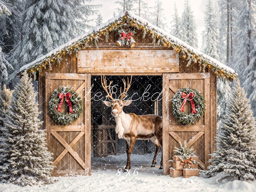 Kate Christmas Reindeer Wooden Barn Snow Trees Backdrop Designed by Emetselch