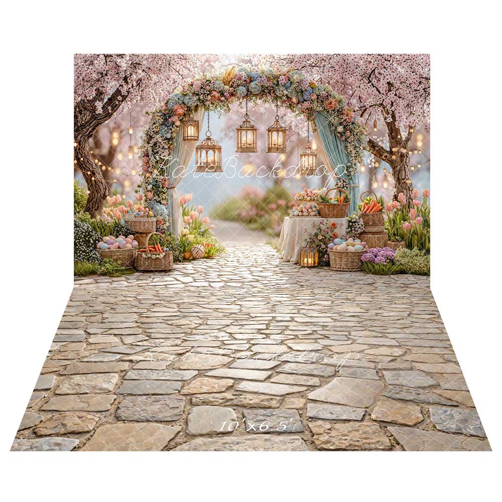Kate Easter Egg Flower Arch Lanterns Backdrop+Cobblestone Floor Texture Backdrop