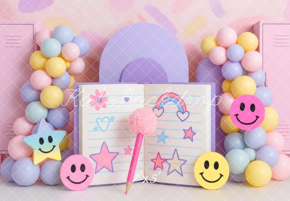 Kate Cake Smash Notebook Balloons Smiley Faces Backdrop Designed by Mini MakeBelieve