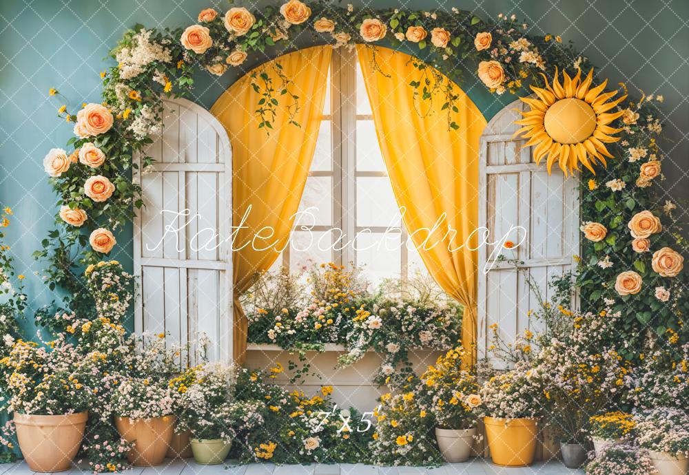 Kate Flower Arch Sun Window Yellow Curtains Backdrop Designed by Emetselch