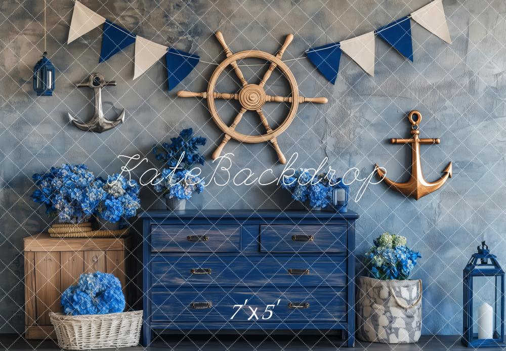 Kate Nautical Ship Wheel Anchors Blue Decor Backdrop Designed by Patty Roberts