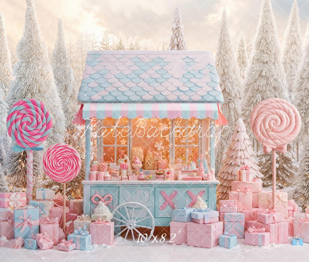 Kate Christmas Candy Cart Presents Forest Fleece Backdrop Designed by Emetselch
