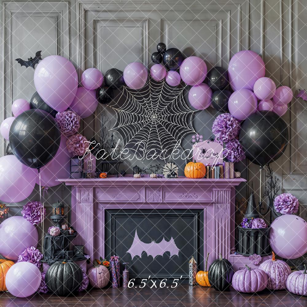 Kate Halloween Purple Black Balloons Backdrop Pumpkins Spider Web Designed by Emetselch