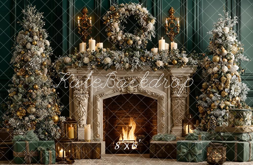 Kate Christmas Fireplace Wreath Green Wall Fleece Backdrop Designed by Emetselch - Kate Backdrop AU