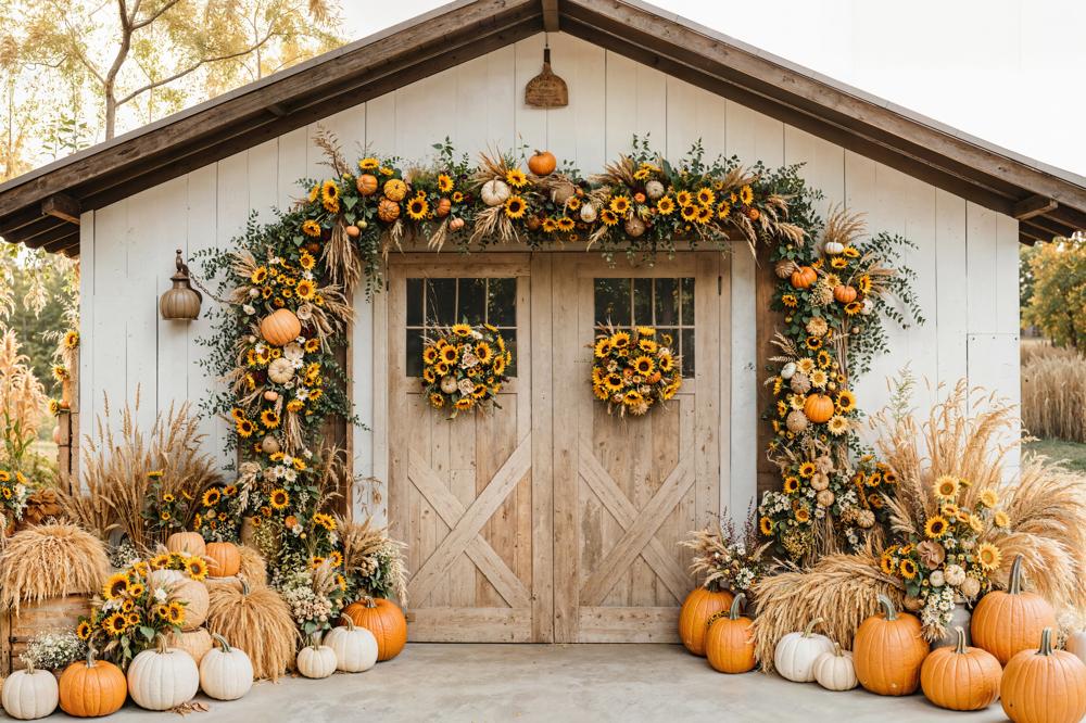 Kate Fall Pumpkin Sunflower Barn Fleece Backdrop Designed by Emetselch