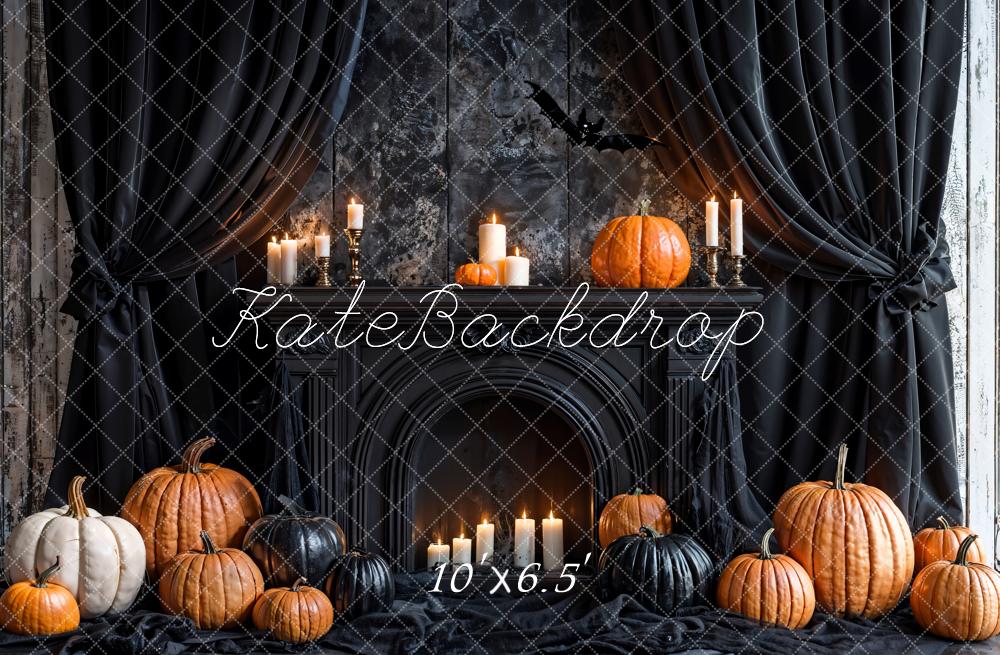 Kate Halloween Pumpkins Black Fireplace Backdrop Designed by Emetselch - Kate Backdrop AU