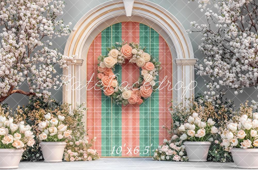Kate Spring Arch Wreath Plaid Blossoms Backdrop Designed by Mini MakeBelieve - Kate Backdrop AU