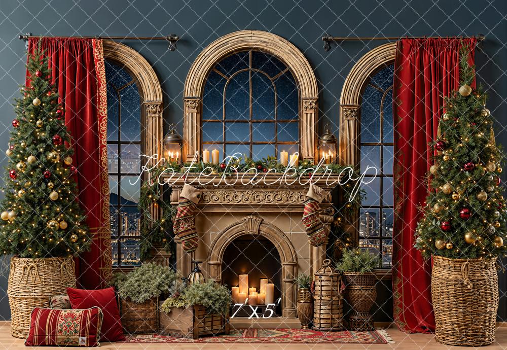 Kate Christmas Fireplace Windows Night Backdrop Designed by Emetselch