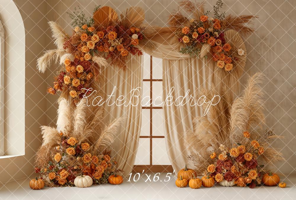 Kate Autumn Flower Arch Pampas Pumpkins Fleece Backdrop Designed by Emetselch