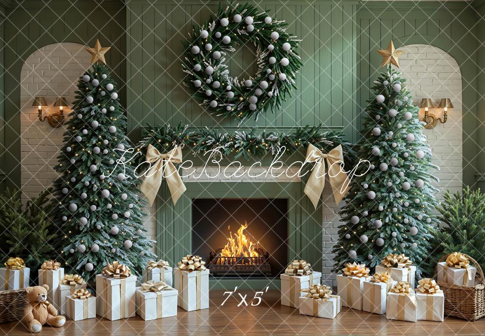 Kate Green Christmas Fireplace Trees Gifts Green Backdrop Designed by Mini MakeBelieve