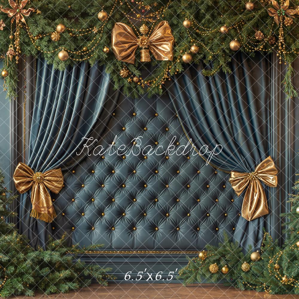 Kate Christmas Trees Bows Blue Wall Backdrop Designed by Emetselch