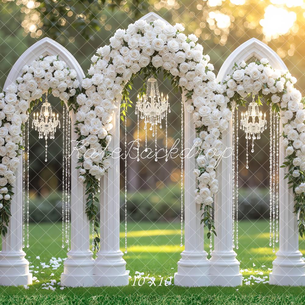 Kate Wedding Flower Arch Chandelier Columns Backdrop Designed by Mini MakeBelieve