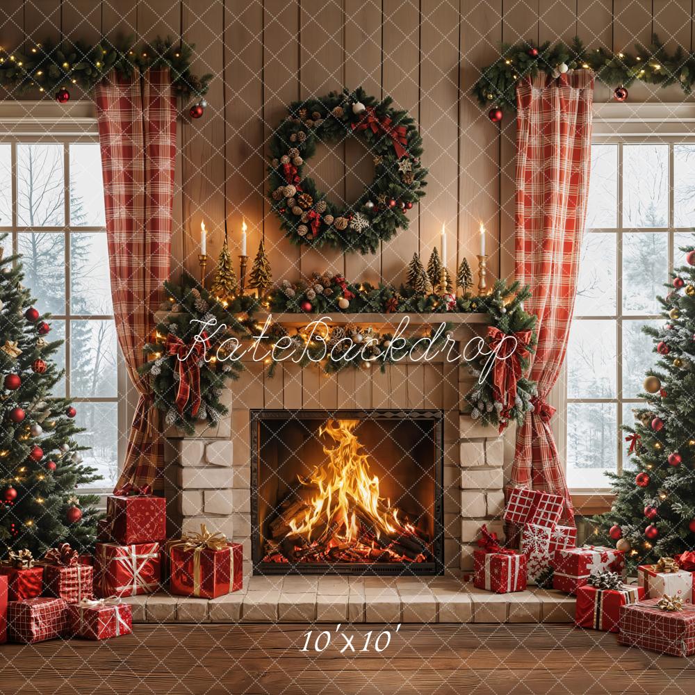 Kate Christmas Fireplace Trees Wreath Backdrop Designed by Emetselch - Kate Backdrop AU