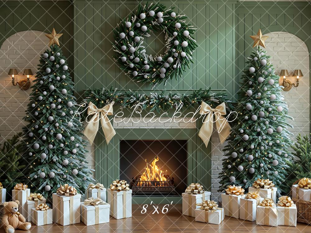 Kate Green Christmas Fireplace Trees Gifts Green Backdrop Designed by Mini MakeBelieve
