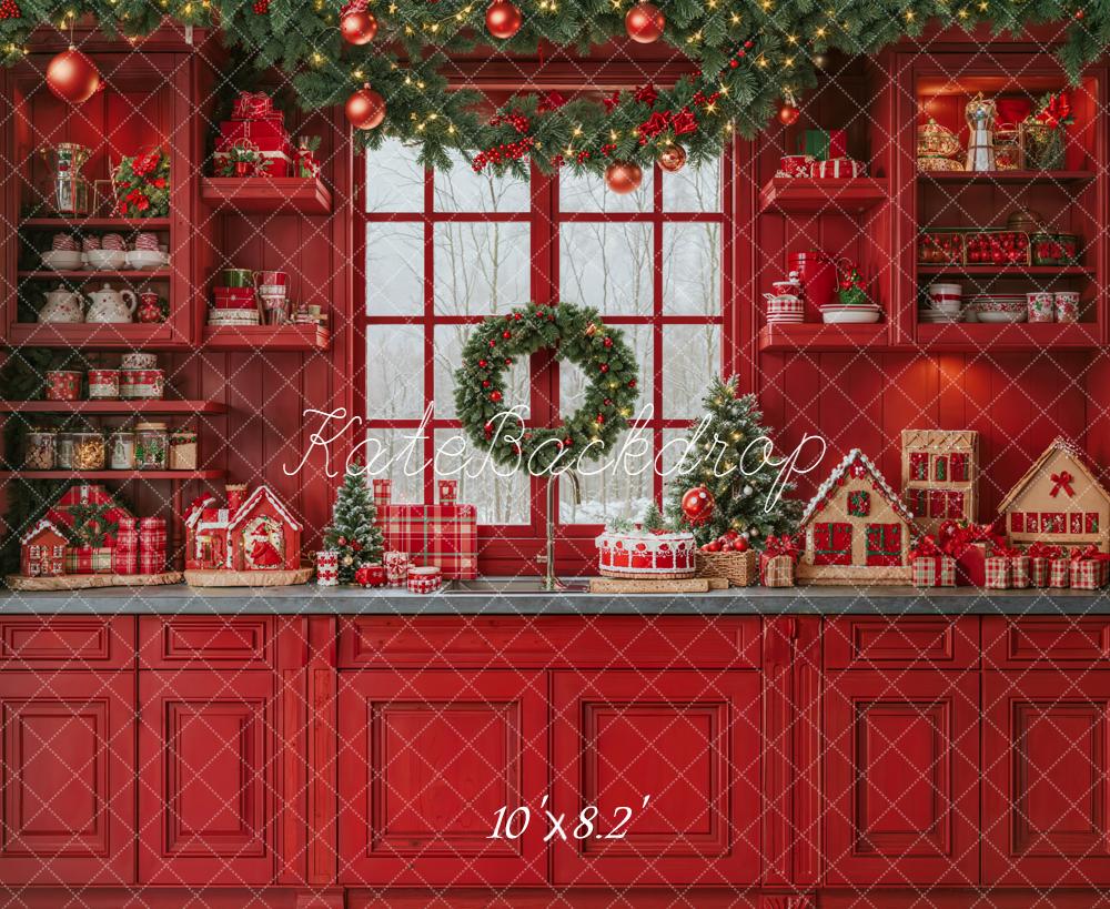 Kate Christmas Red Kitchen Garland Window Backdrop Designed by Emetselch