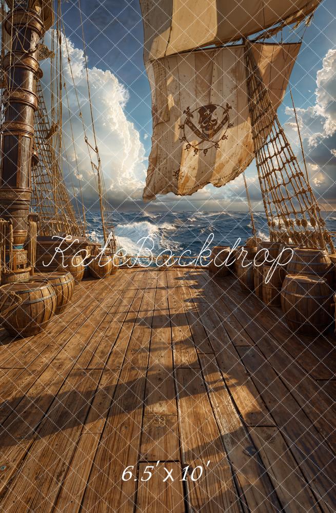 Kate Pirate Ship Deck Wooden Barrels Ocean Fleece Backdrop Designed by Chain