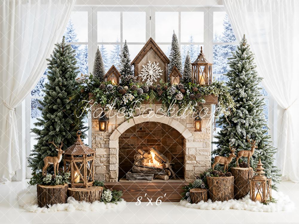 Kate Christmas Fireplace Pine Trees Fleece Backdrop Designed by Emetselch