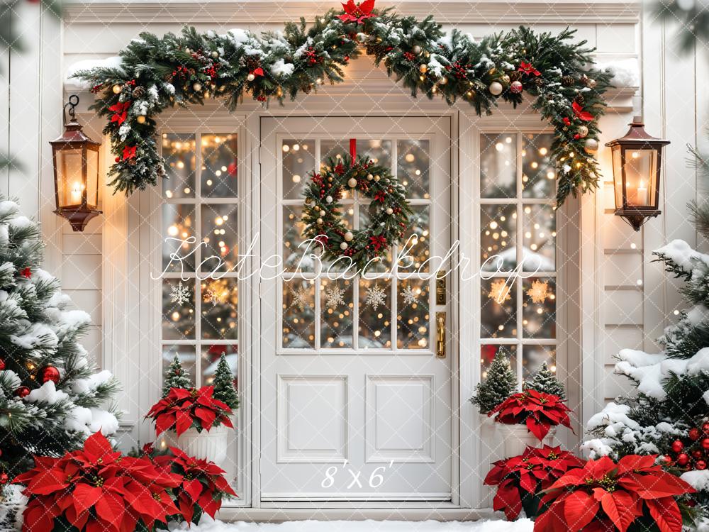 Kate Christmas Snowy Door Wreath Poinsettias Backdrop Designed by Emetselch