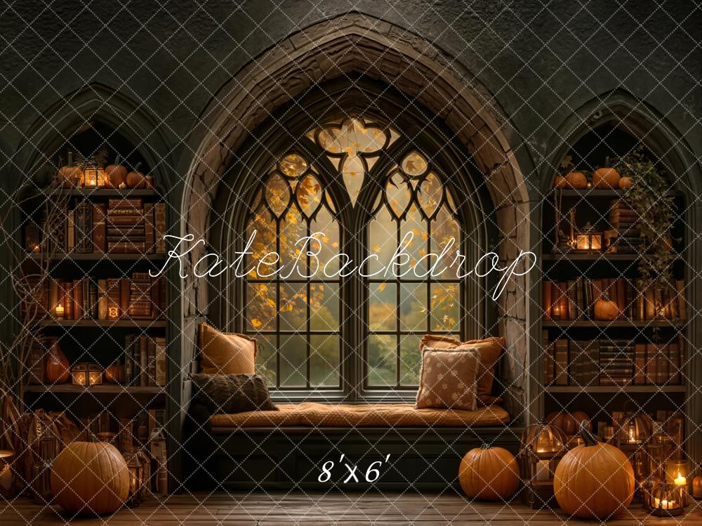 Kate Halloween Arched Window Pumpkins Bookshelves Fleece Backdrop Designed by Emetselch