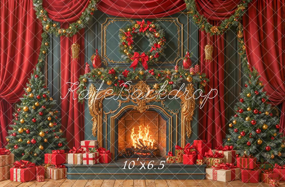 Kate Christmas Fireplace Wreath Presents Trees Fleece Backdrop Designed by Emetselch - Kate Backdrop AU