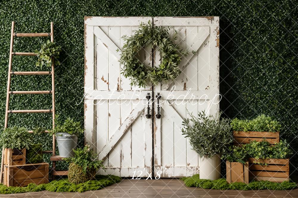 Kate Greenery White Barn Door Ladder Crates Fleece Backdrop Designed by Emetselch