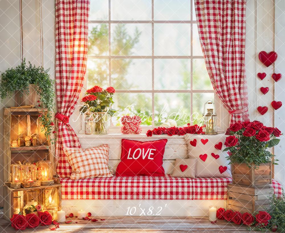 Kate Valentines Red Gingham Window Fleece Backdrop Designed by Emetselch