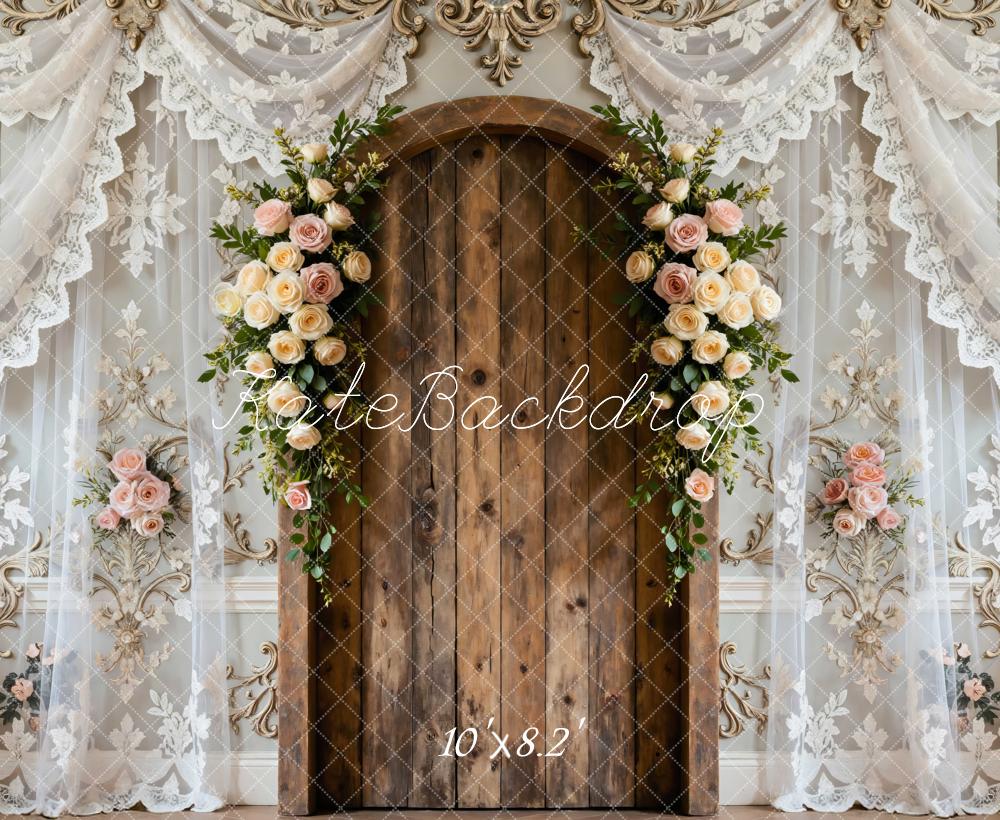 Kate Flower Arch Wooden Door Lace Drapes Backdrop Designed by Mini MakeBelieve