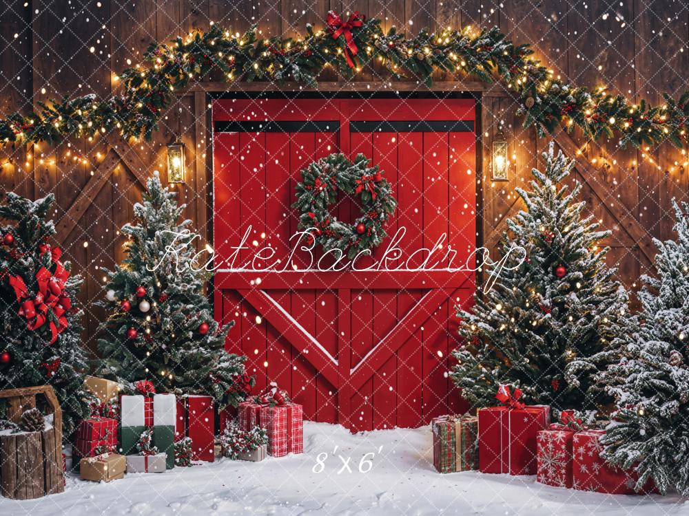 Kate Christmas Red Barn Door Pine Trees Presents Backdrop Designed by Emetselch - Kate Backdrop AU