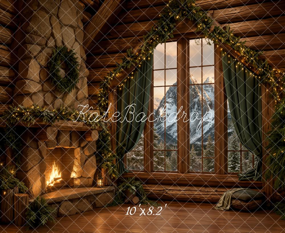 Kate Christmas Cabin Fireplace Mountain View Backdrop Designed by Chain