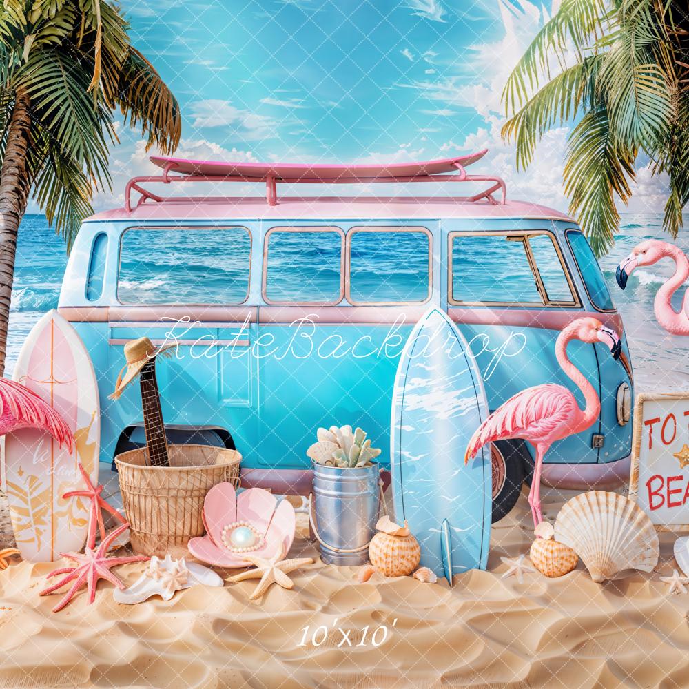 Kate Summer Beach Van Flamingos Surfboards Backdrop Designed by Emetselch