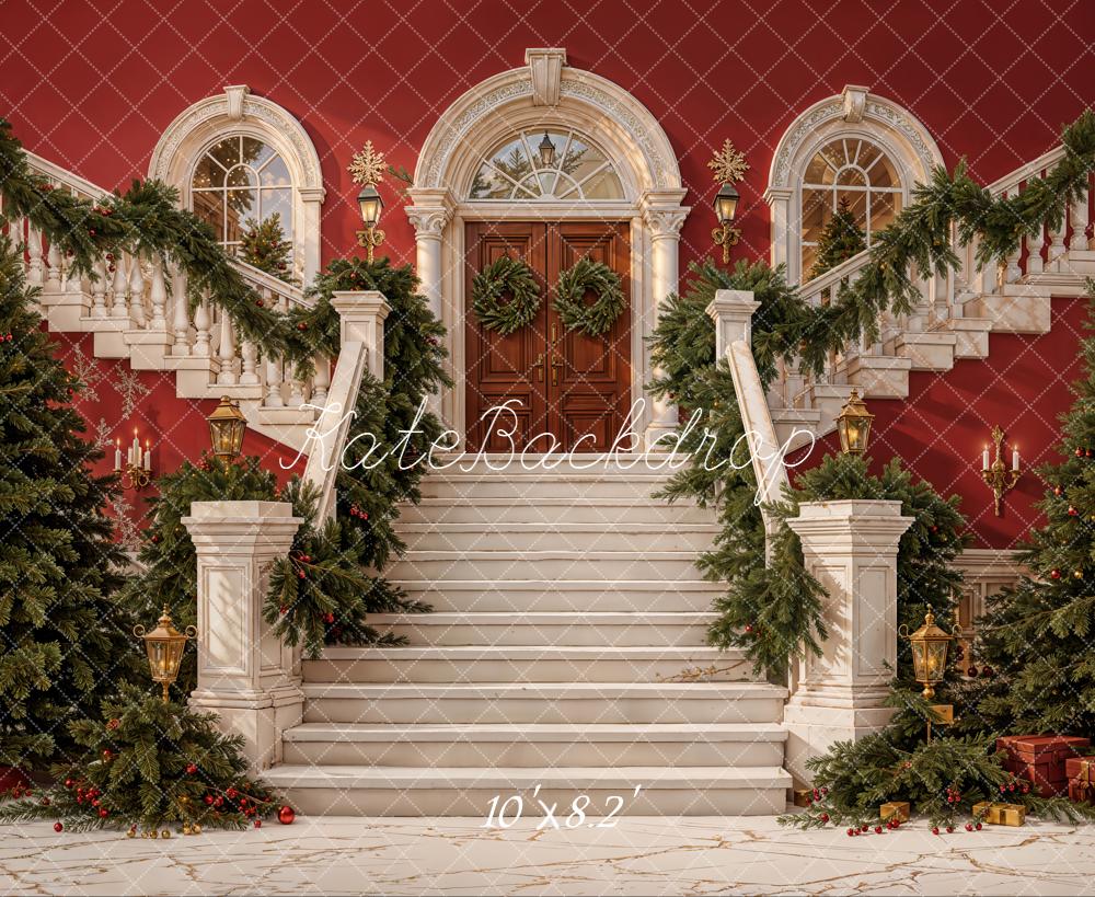 Kate Christmas Stairs Garland Red Backdrop Designed by Emetselch - Kate Backdrop AU
