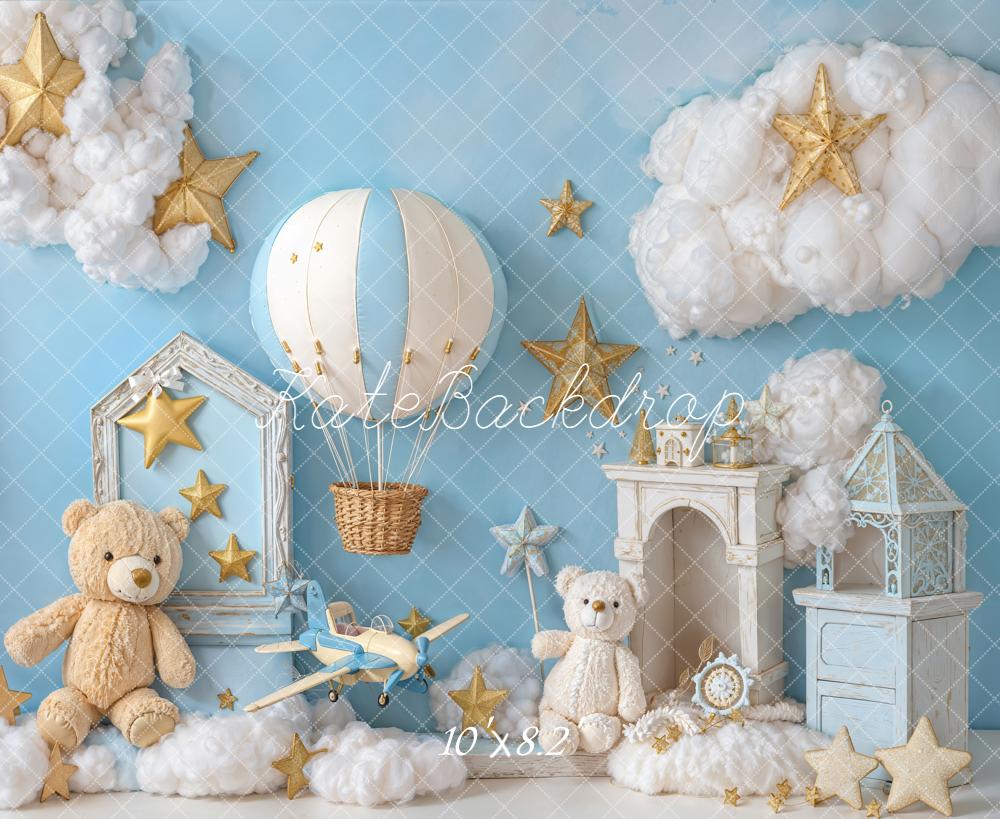 Kate Teddy Bear Hot Air Balloon Stars Clouds Fleece Backdrop Designed by Emetselch