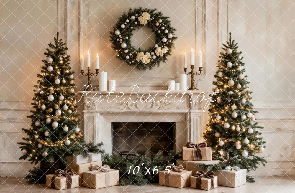 Kate Christmas Fireplace Trees Presents Fleece Backdrop Designed by Emetselch