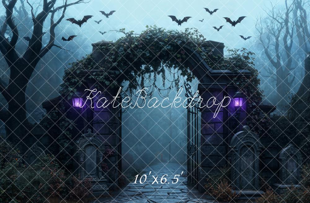 Kate Halloween Graveyard Gate Bats Fleece Backdrop Designed by Emetselch