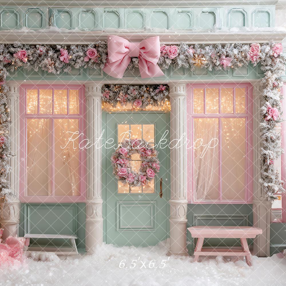 Kate Pink Christmas Shop Frosted Trees Backdrop Designed by Ashley Paul