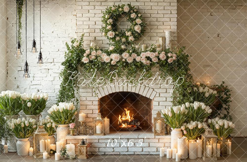 Kate Spring Brick Fireplace Floral Candles Backdrop Designed by Emetselch