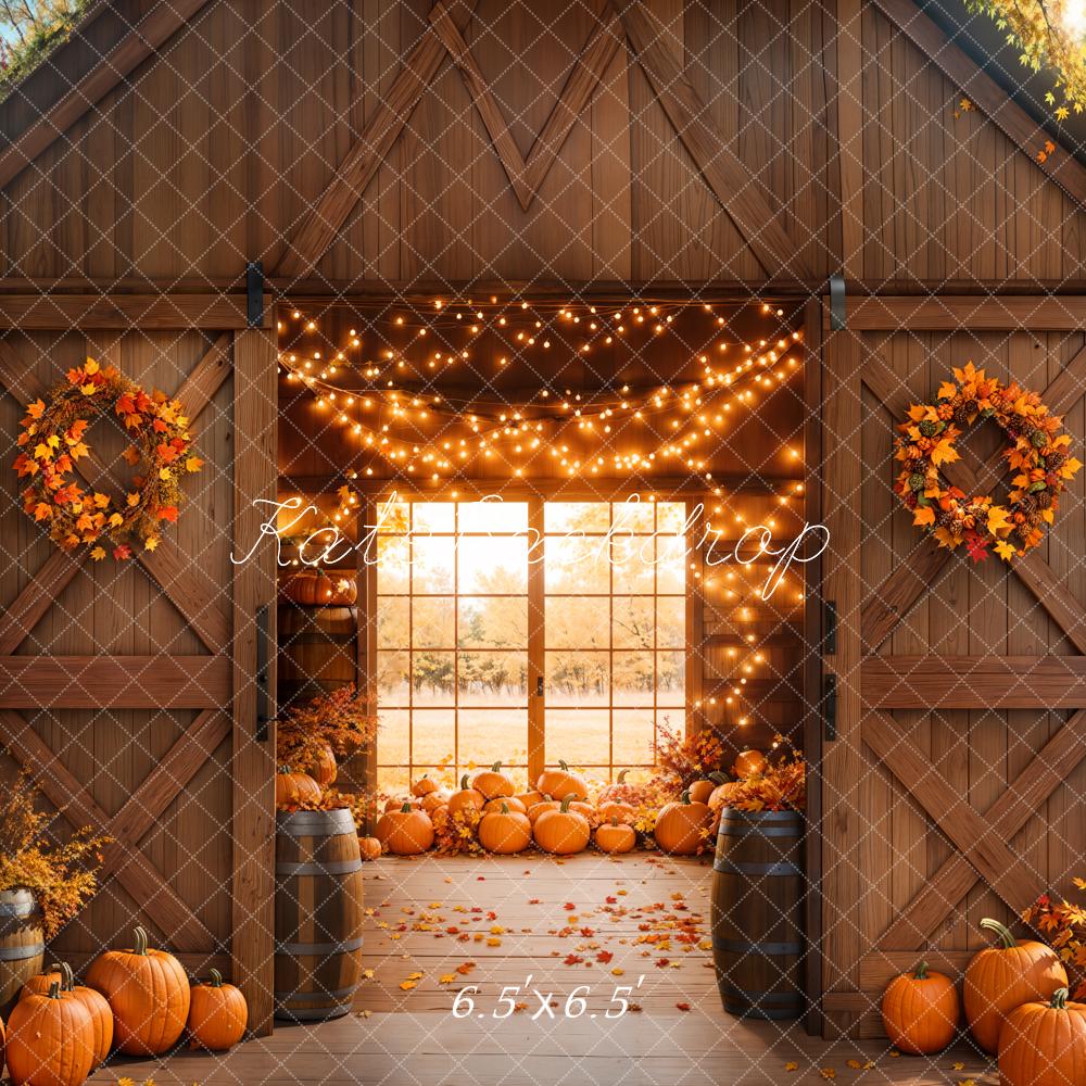Kate Autumn Barn Pumpkins Lights Backdrop Designed by Emetselch