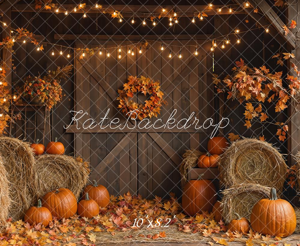 Kate Autumn Pumpkins Hay Lights Backdrop Designed by Emetselch - Kate Backdrop AU