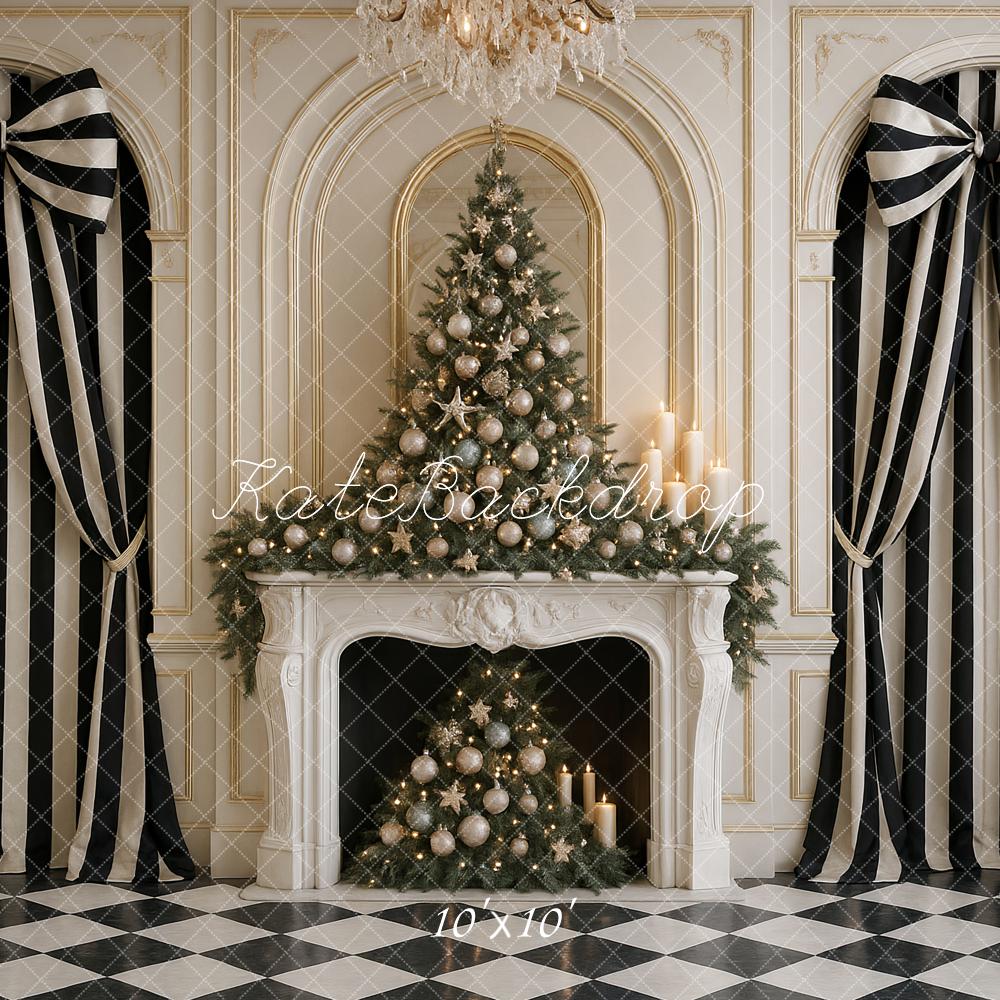 Kate Christmas Tree Fireplace Striped Curtains Backdrop Designed by Ashley Paul - Kate Backdrop AU