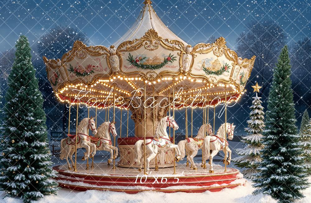 Kate Carousel Christmas Snowy Forest Fleece Backdrop Designed by Emetselch
