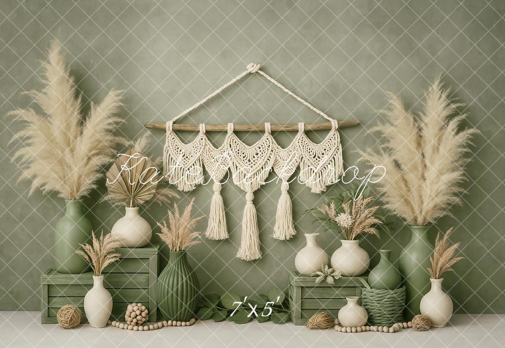 Kate Boho Macrame Pampas Grass Green Backdrop Designed by Ashley Paul