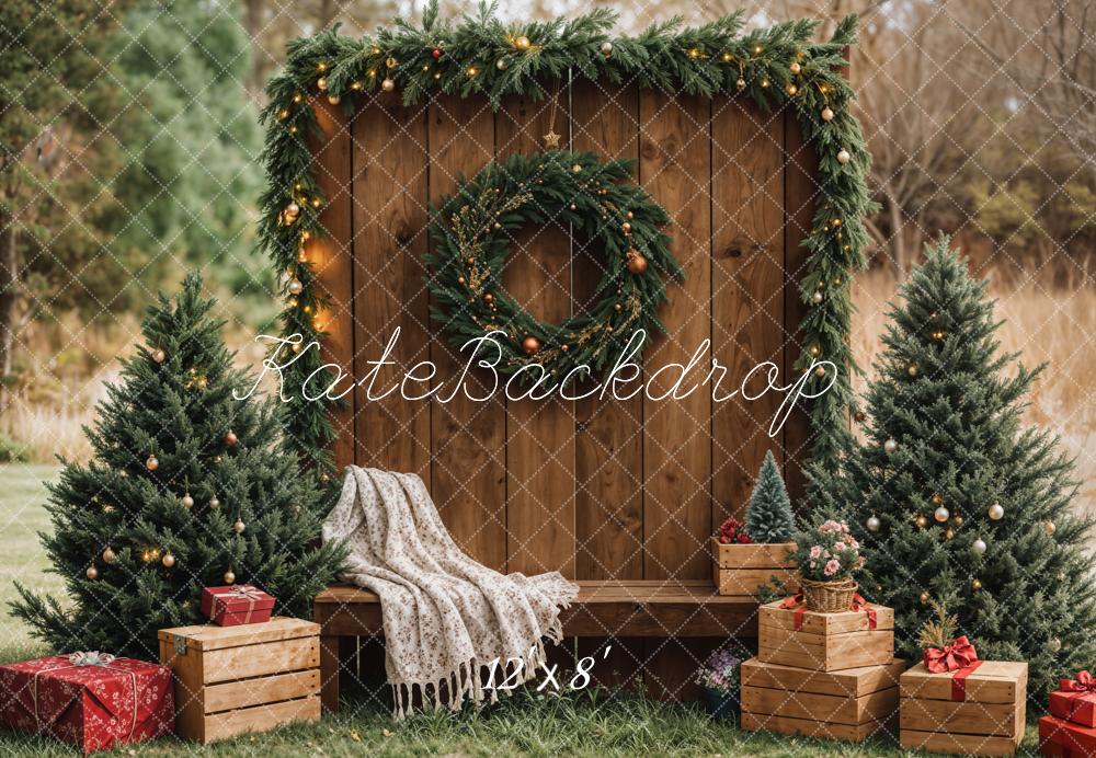Kate Christmas Tree Garland Wooden Wall Fleece Backdrop Designed by Emetselch