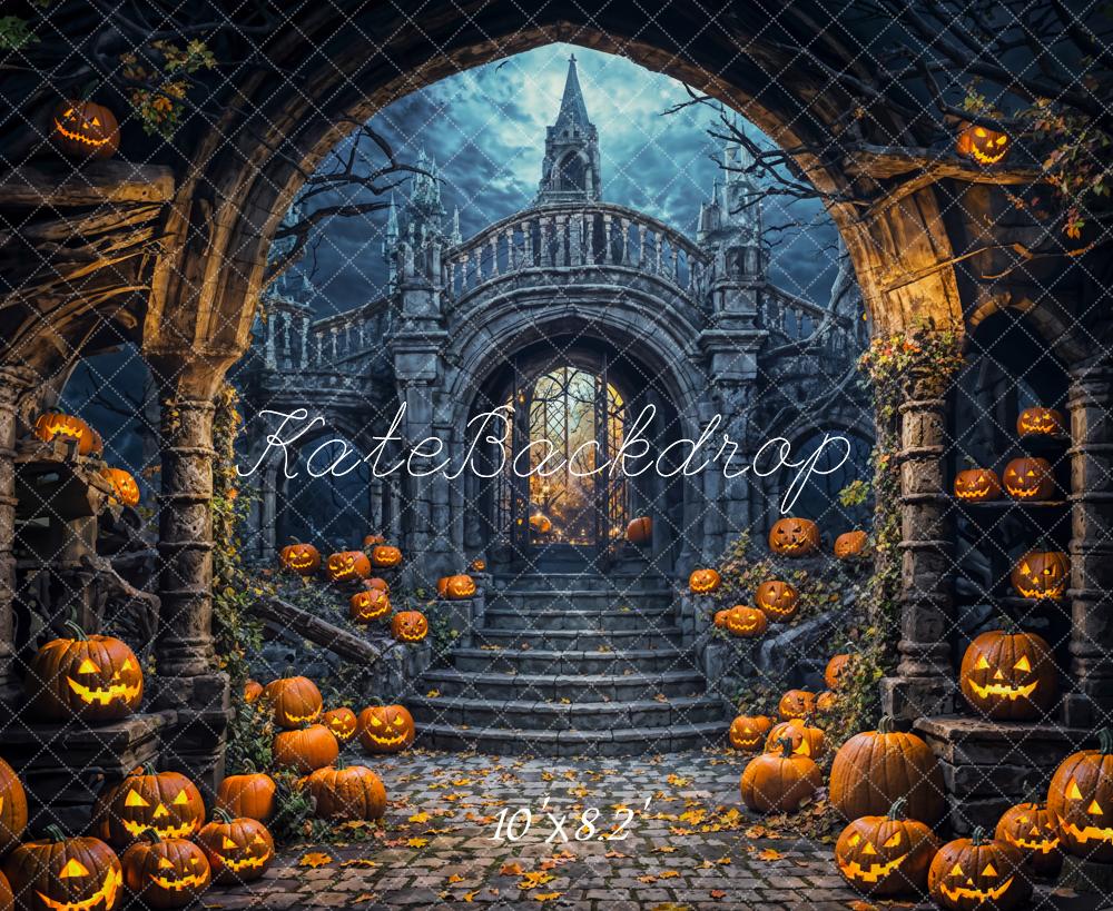 Kate Halloween Gothic Arch Pumpkins Staircase Backdrop Designed by Emetselch - Kate Backdrop AU