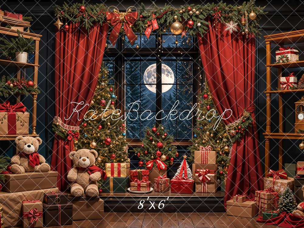 Kate Christmas Teddy Bears Red Curtains Backdrop Designed by Emetselch