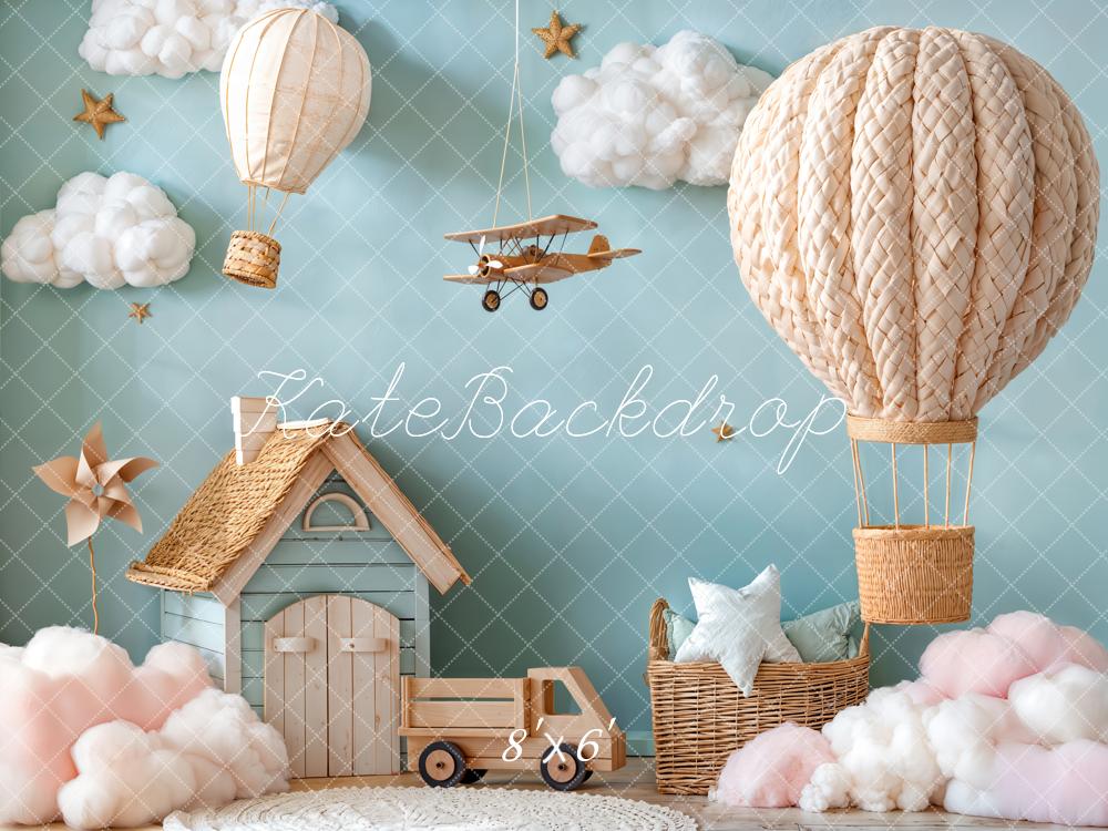 Kate Hot Air Balloon Aeroplane Cloud House Blue Backdrop Designed by Emetselch