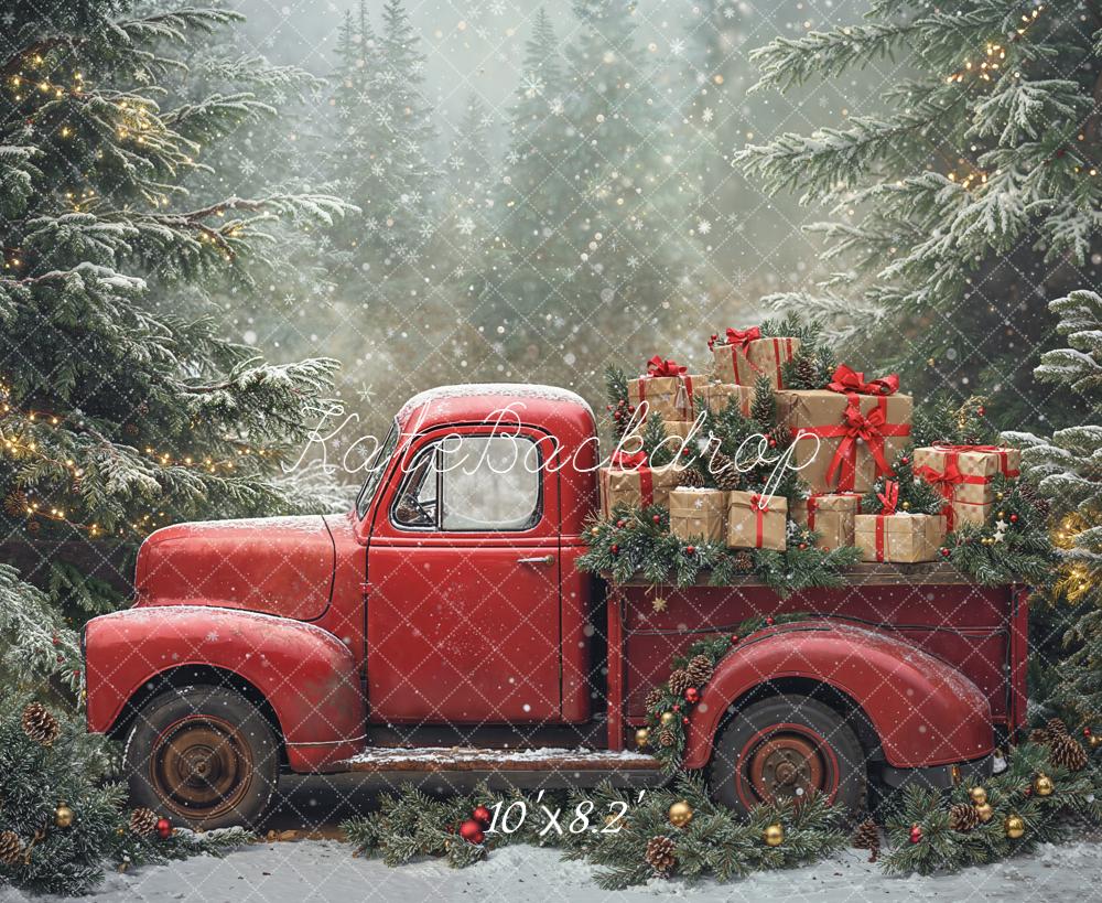 Kate Christmas Red Truck Gift Boxes Snowy Backdrop Designed by Emetselch - Kate Backdrop AU