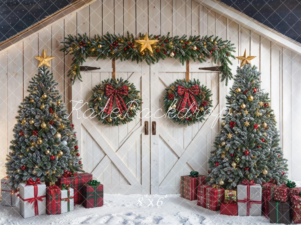 Kate Christmas Barn Door Trees Presents Fleece Backdrop Designed by Chain