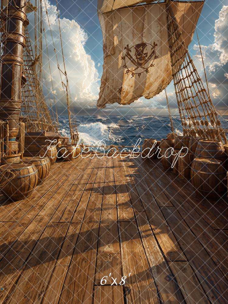 Kate Pirate Ship Deck Wooden Barrels Ocean Fleece Backdrop Designed by Chain